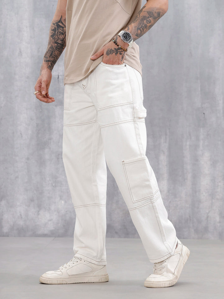 Men's Casual Loose Fit Carpenter Jeans | White