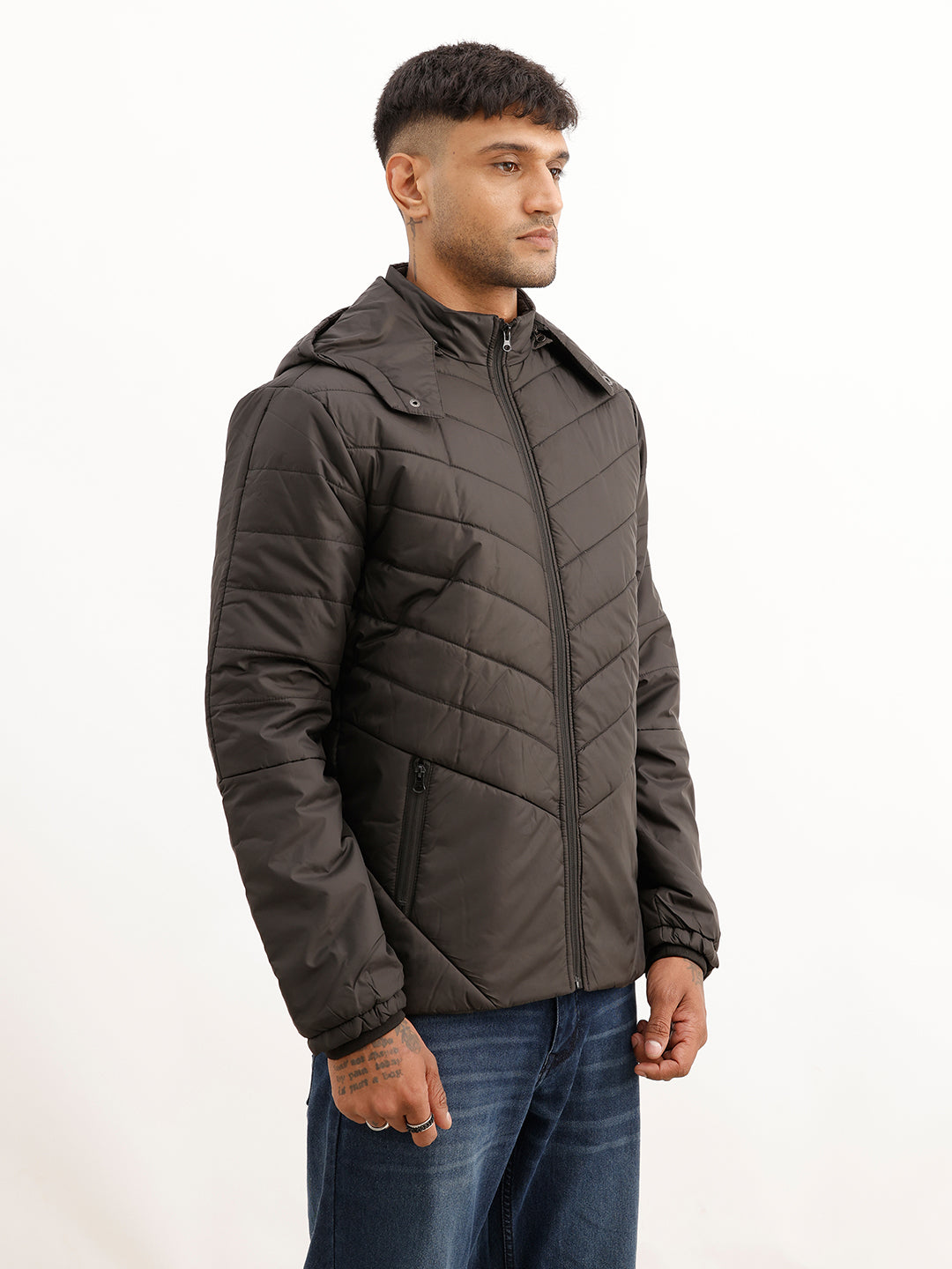 Solid Regular Fit Hooded Puffer Jacket | Black
