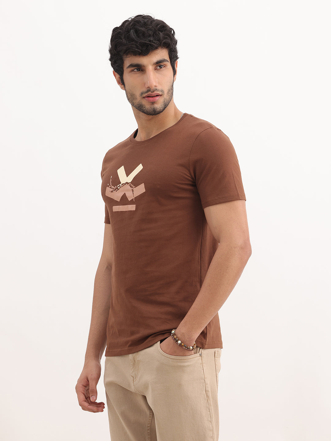Classic Slim Fit Placement Printed T-Shirt | Brown