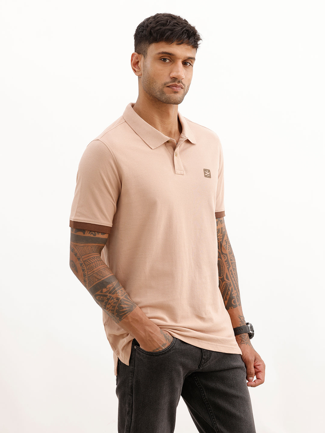 Classic Slim Fit Contrast Sleeve Polo T-Shirt | Light Brown