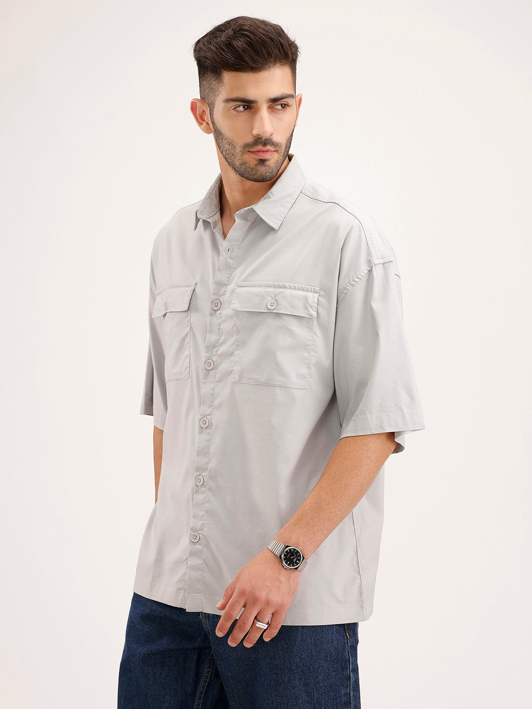 Oversized Double Pocket Half Sleeve Shirt | Grey