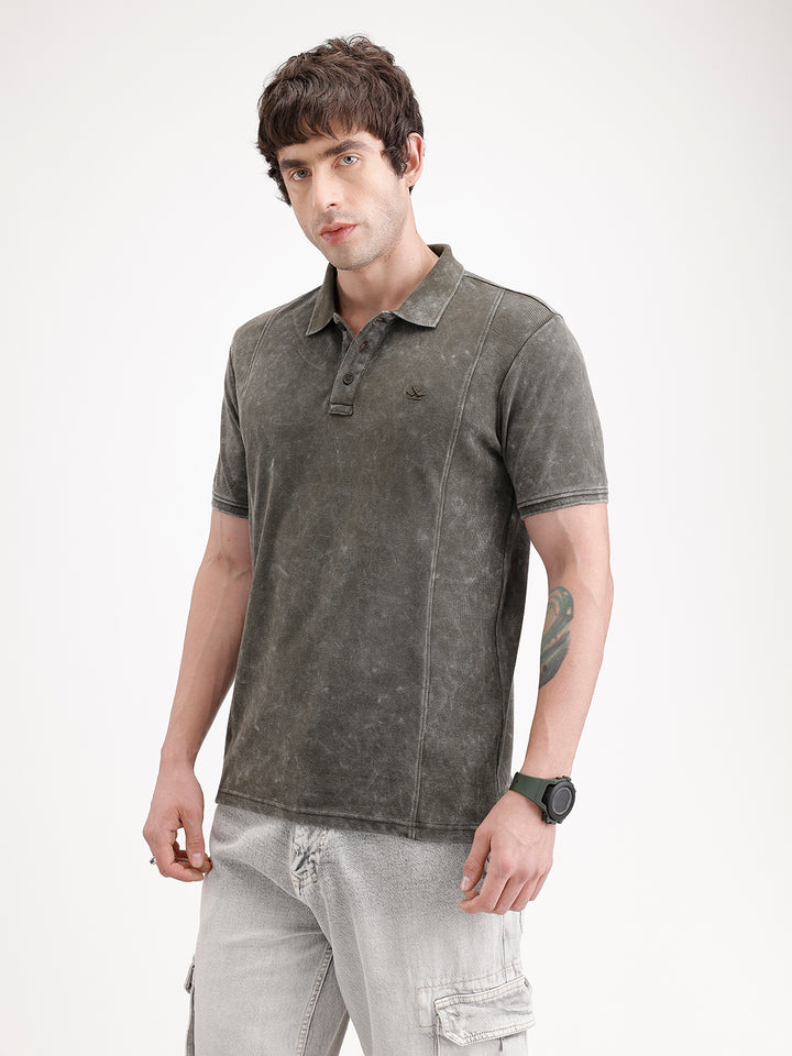 Slim Fit Washed Cut & Sew Polo T-Shirt | Olive