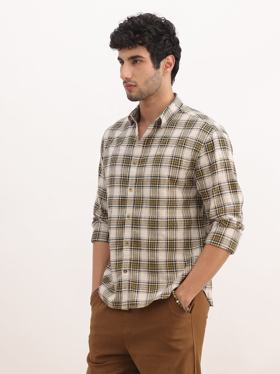 Comfort Fit Checkered Full Sleeve Shirt | Yellow