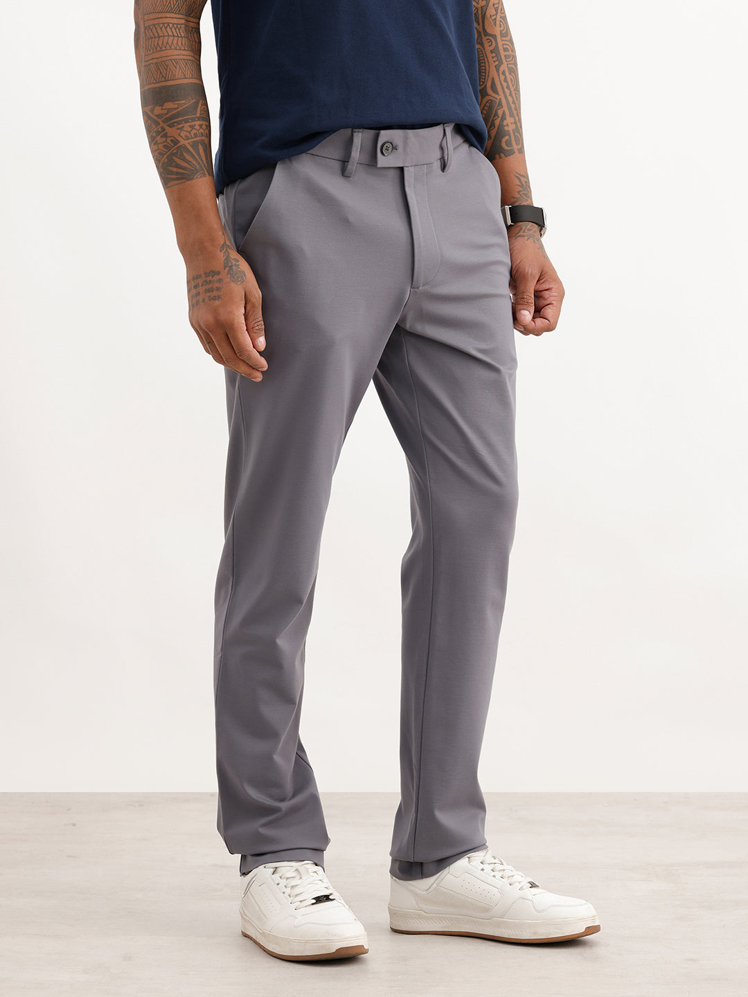 Solid Slim Fit Cotton Blend Trouser | Grey