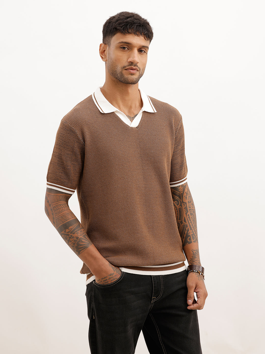 Textured Contrast Collar Polo T-Shirt | Beige