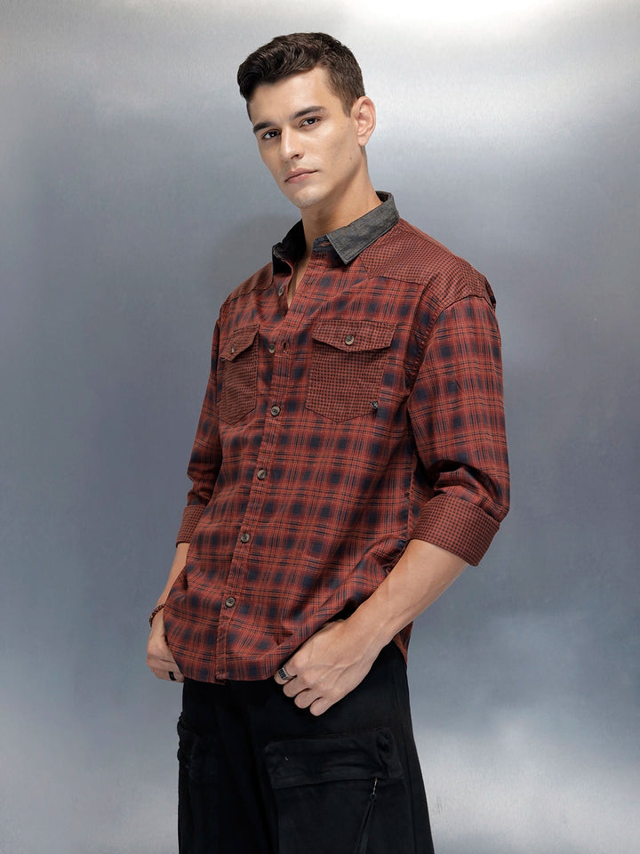 Men's Casual Oversized Fit Checkered Pattern Shirt | Brown