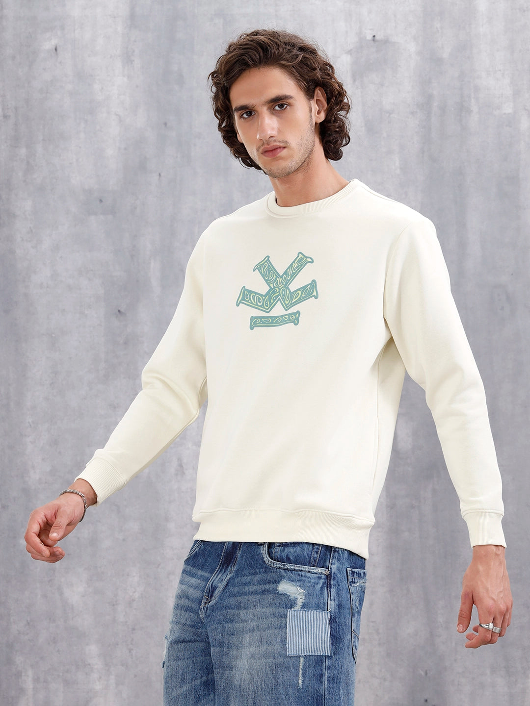 Paisley Inspired Puff Print Brushed Fleece Comfort Fit Sweatshirt | Yellow