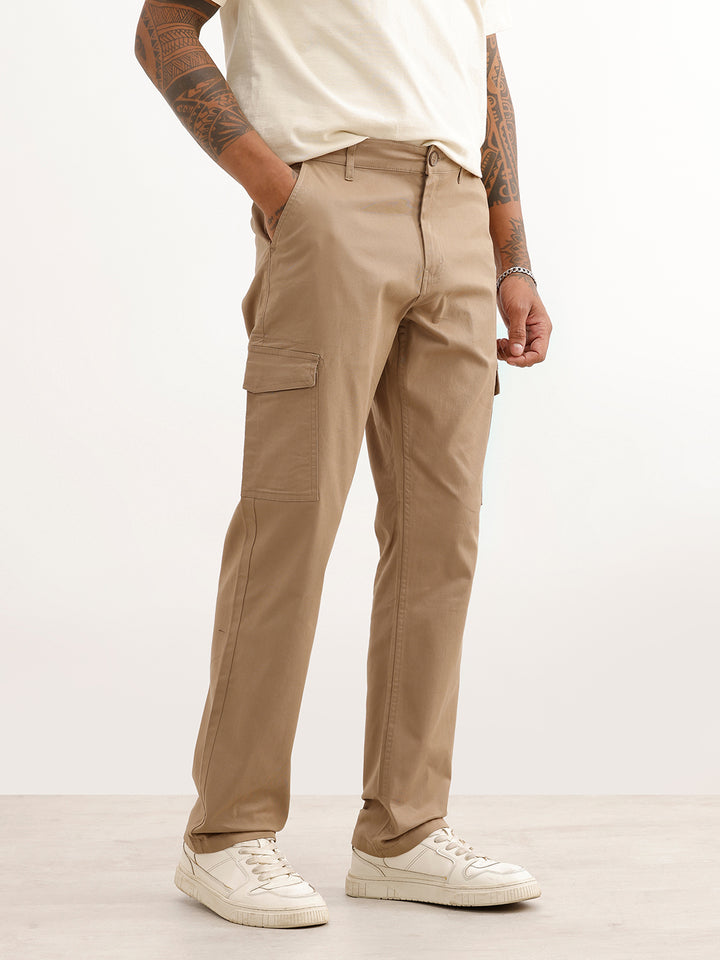 Solid Straight Fit Cargo Trouser | Khaki
