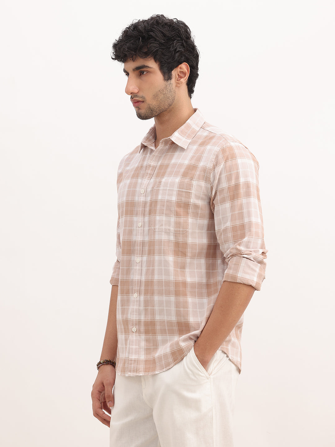 Slim Fit Checkered Full Sleeve Shirt | Beige