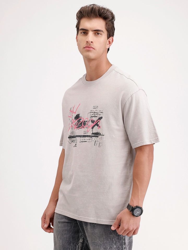Oversized Placement Printed T-Shirt | Grey