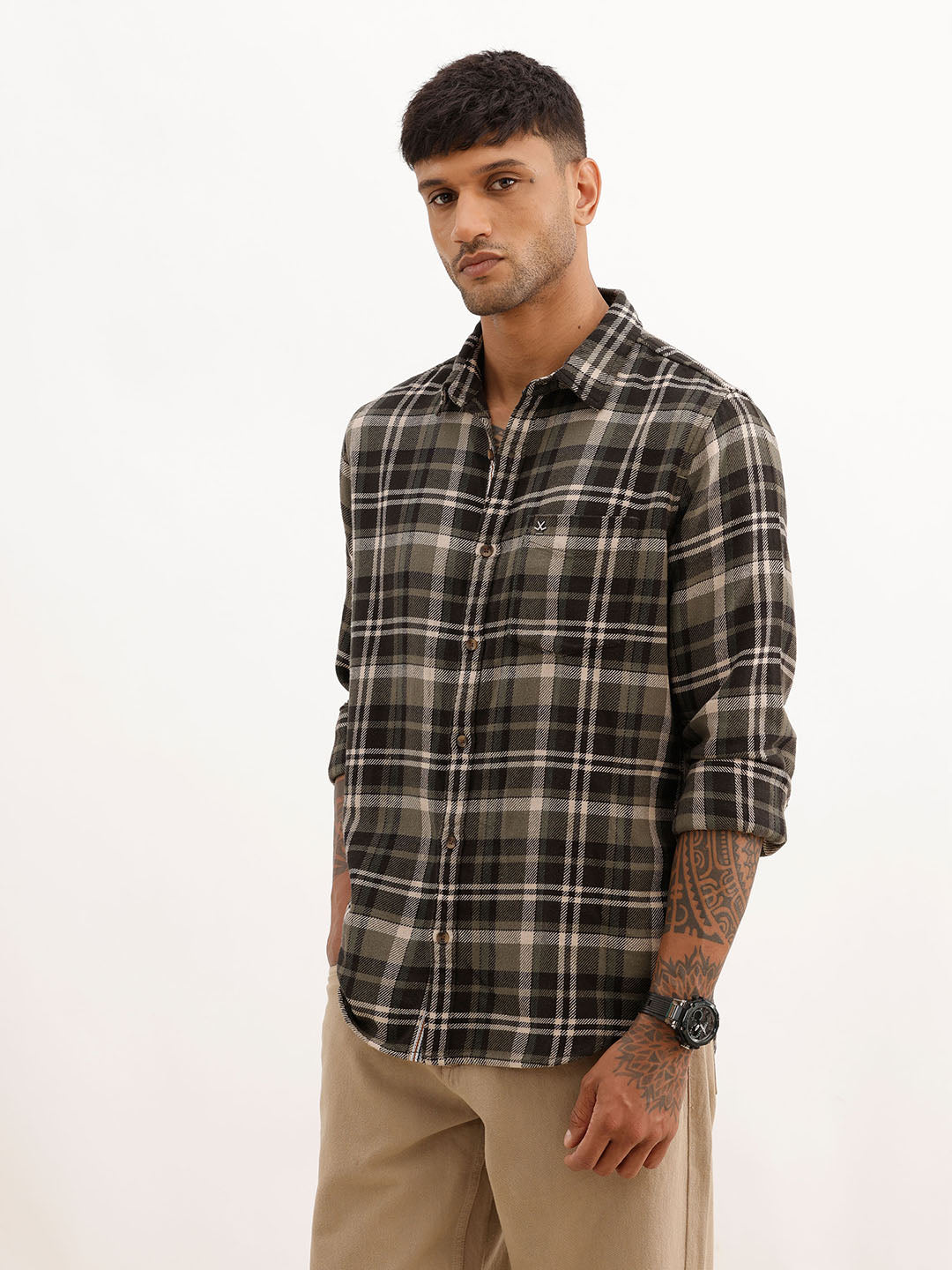 Slim Fit Flannel Full Sleeve Shirt | Olive