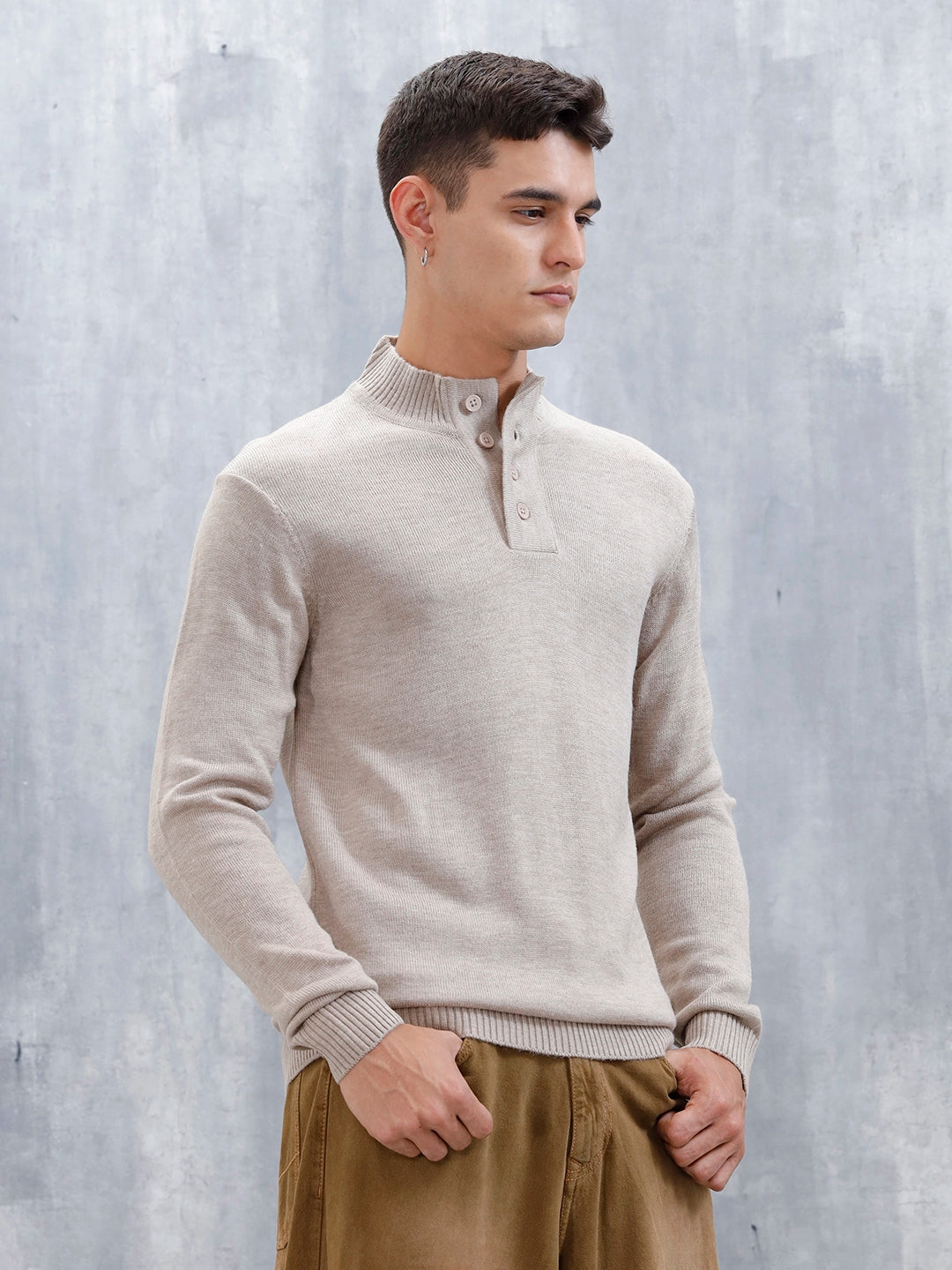 Men's Solid Slim Fit Pullover | Cream