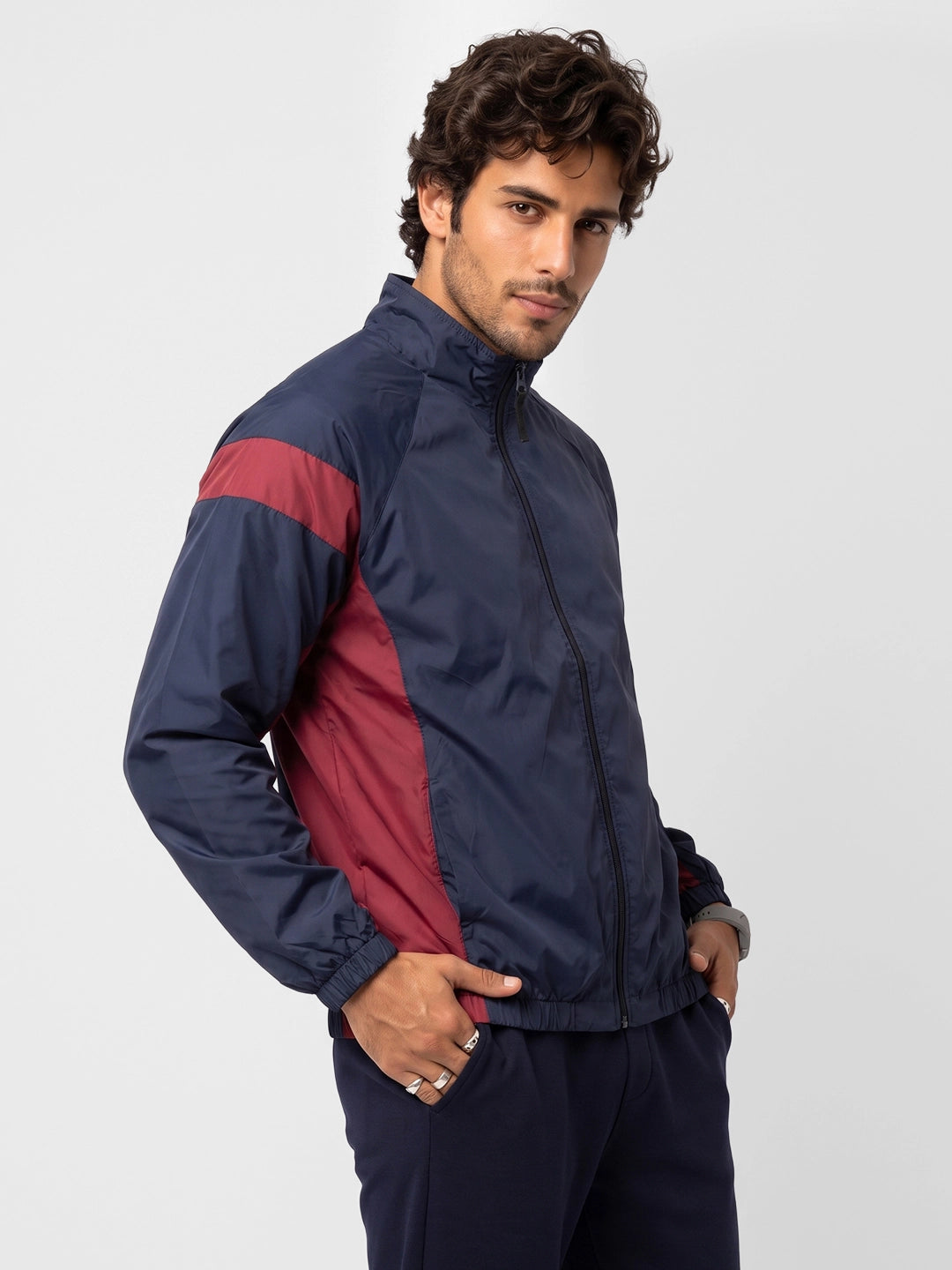 Contrast Side Pannel Zipper Jacket | Navy Blue