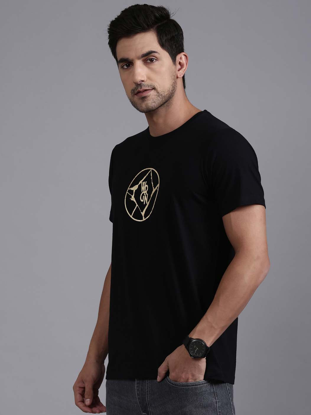 Wrogn Printed Black Crew Neck T-Shirt