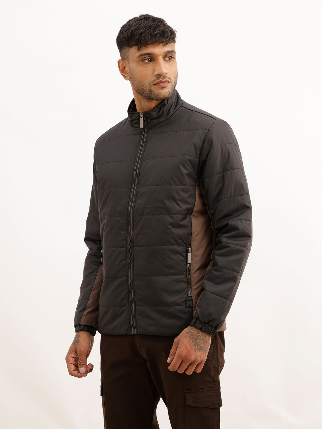 Solid Regular Fit Zipper Puffer Jacket | Black