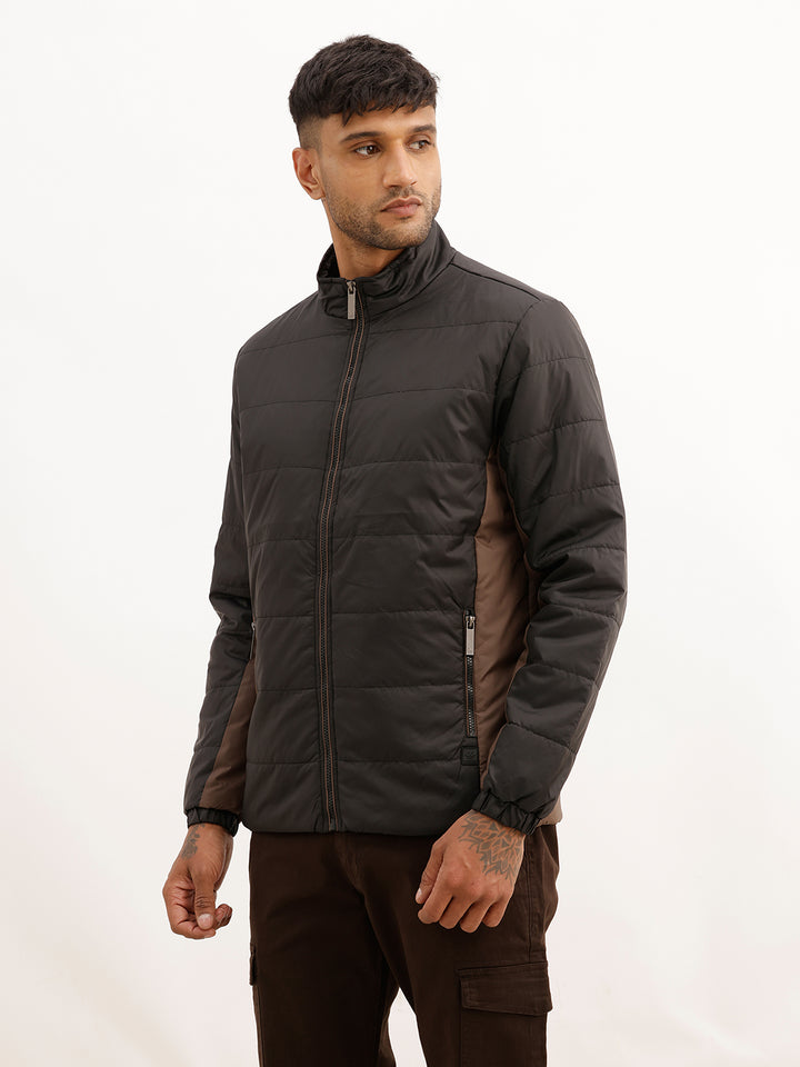 Solid Regular Fit Zipper Puffer Jacket | Black