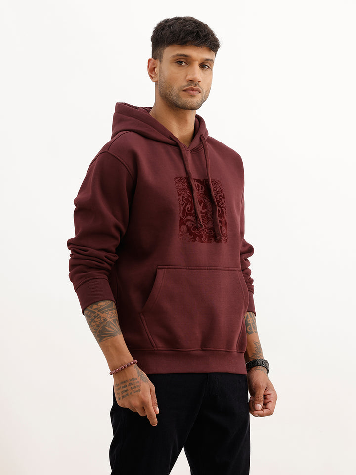 Solid Flock Printed Hoodie | Wine