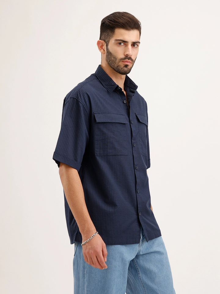 Oversized Linen Blend Striped Shirt | Navy