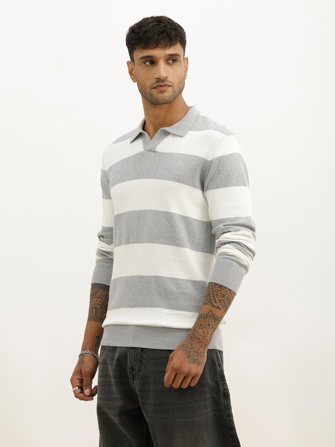 Slim Fit Striped Full Sleeve Polo T-Shirt | Grey