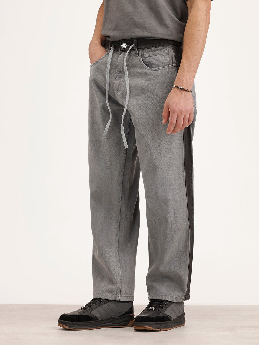 Loose Fit Cut & Sew Denim Jeans | Grey