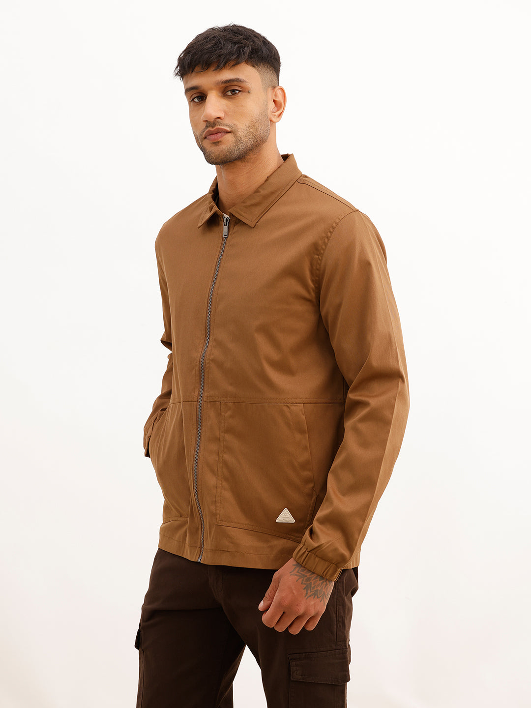 Solid Regular Fit Zipper Jacket | Black