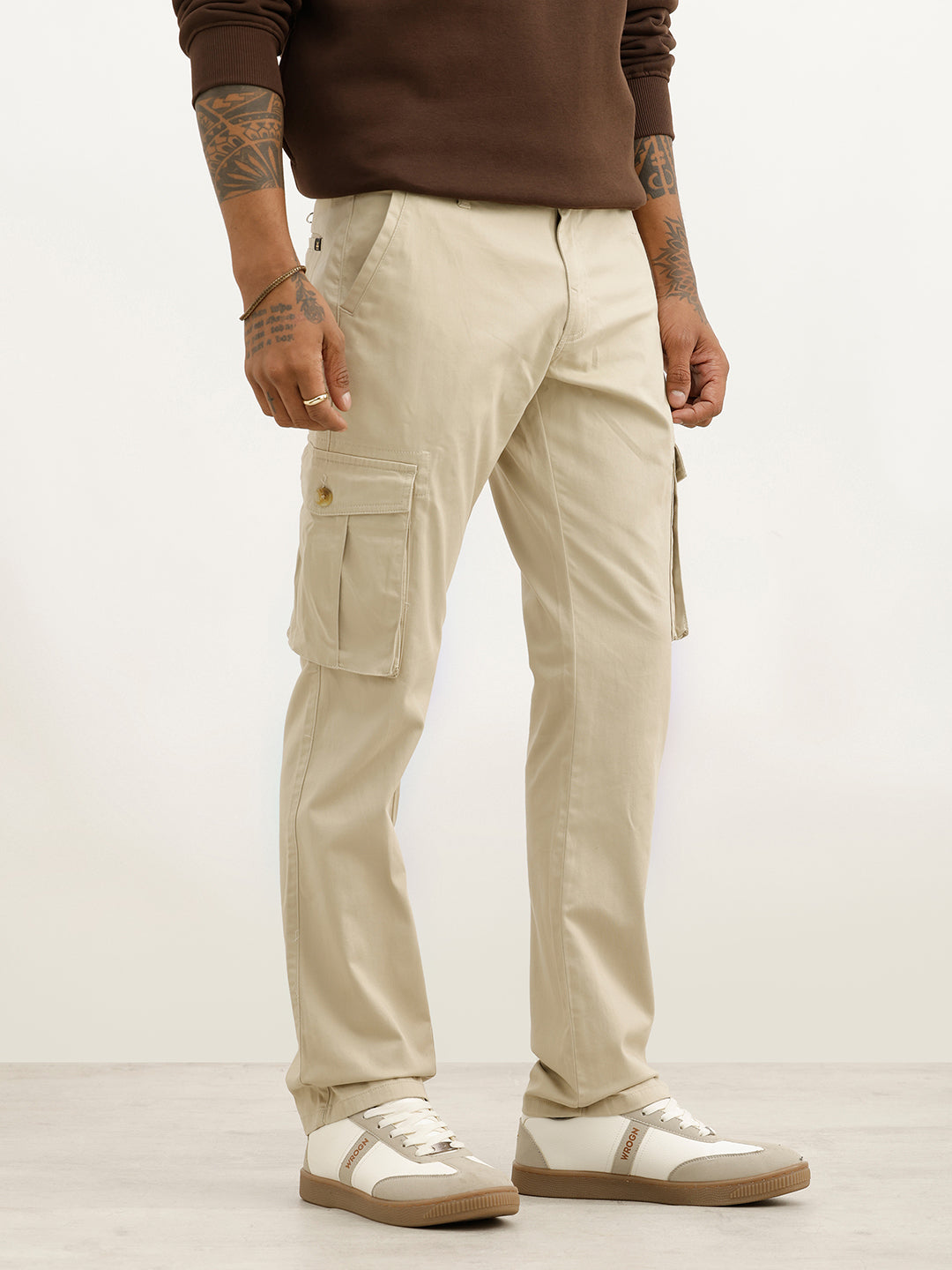 Solid Straight Fit Cargo Trouser | Beige