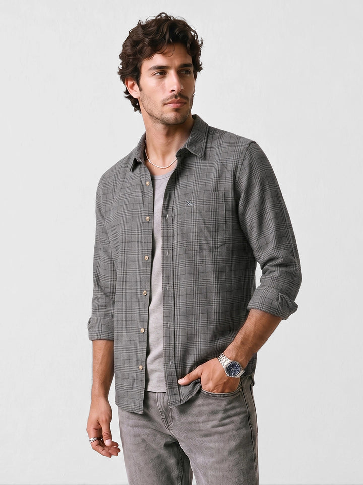 Regular Fit Checkered Full Sleeve Shirt | Grey