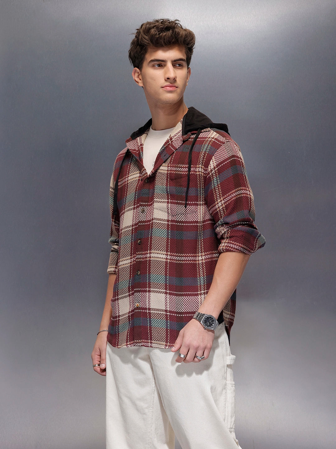 Classic Herringbone Hooded Shirt  | Maroon