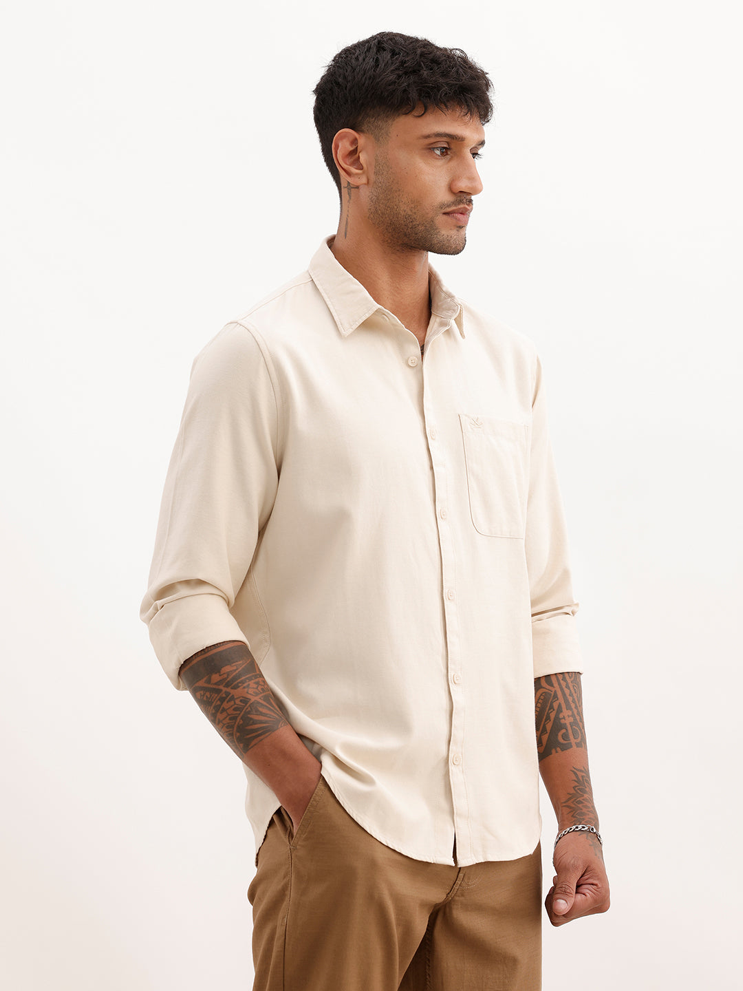 Regular Fit Solid Full Sleeve Shirt | Beige | WWSH0861MAZ