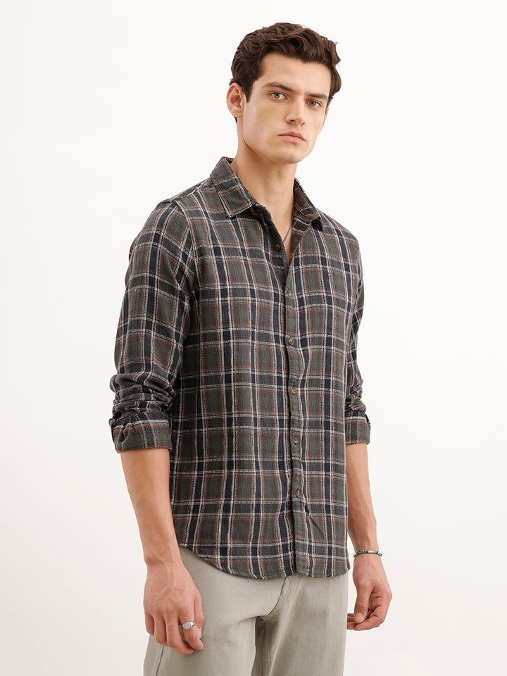 Textured Slim Fit Checekerd Shirt  | Olive