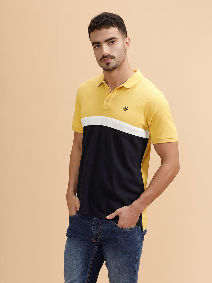 Contrast Cut & Sew Slim Fit Polo T-Shirt | Yellow & Navy
