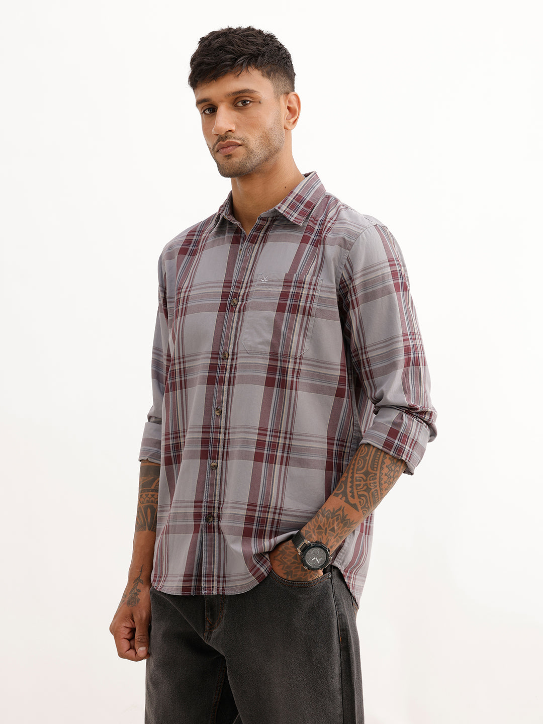 Regular Fit Checkered Shirt | Grey