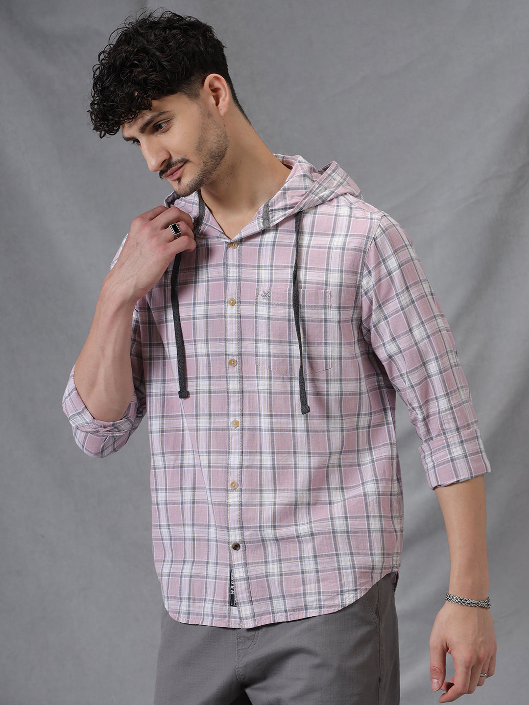 Hooded Checks Long Sleeve Pink Shirt