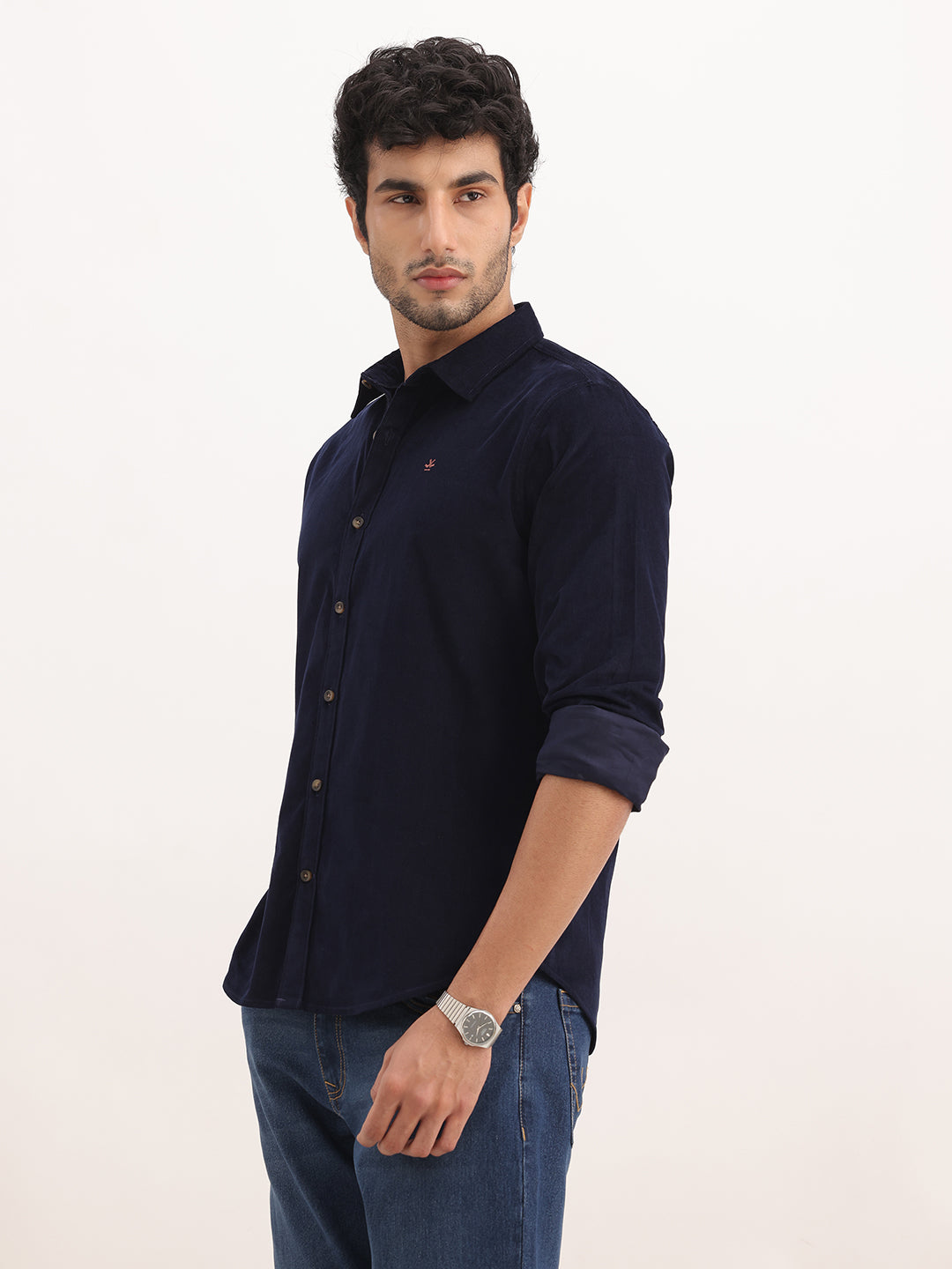 Slim Fit Solid Corduroy Shirt | Navy Blue