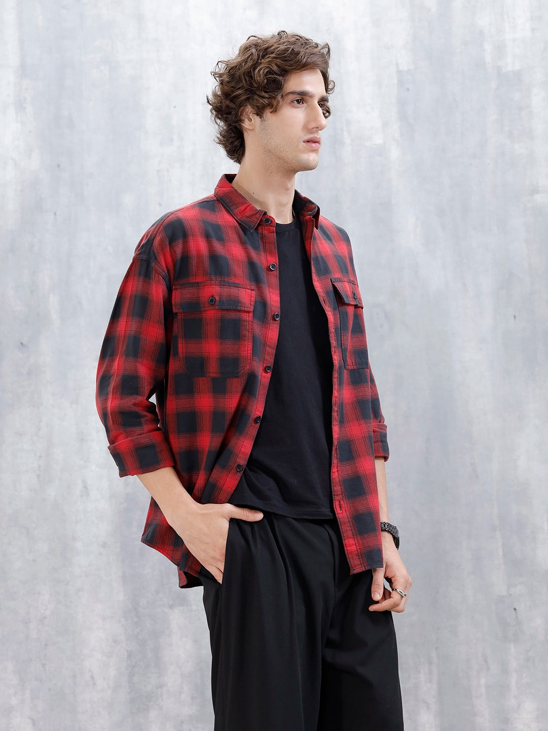 Wrogn Men's Drop-Shoulder Checked Oversized Casual Shirt | Red