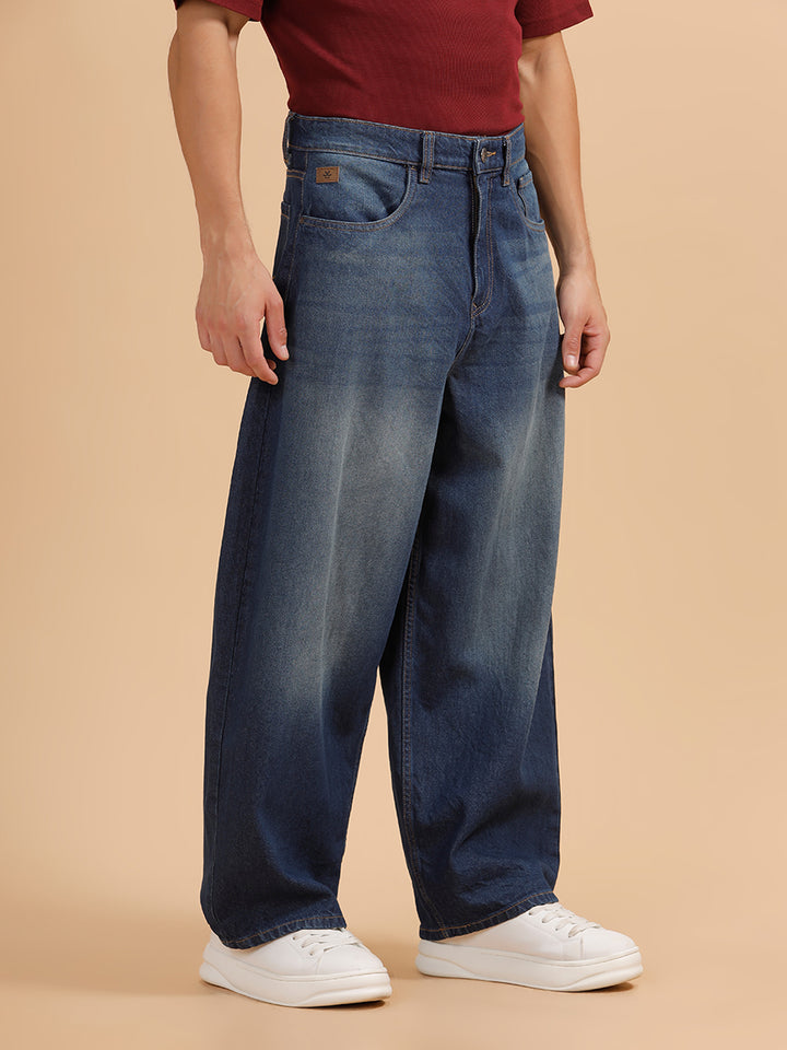 Solid Heavy Fade Baggy Fit Jeans | Blue
