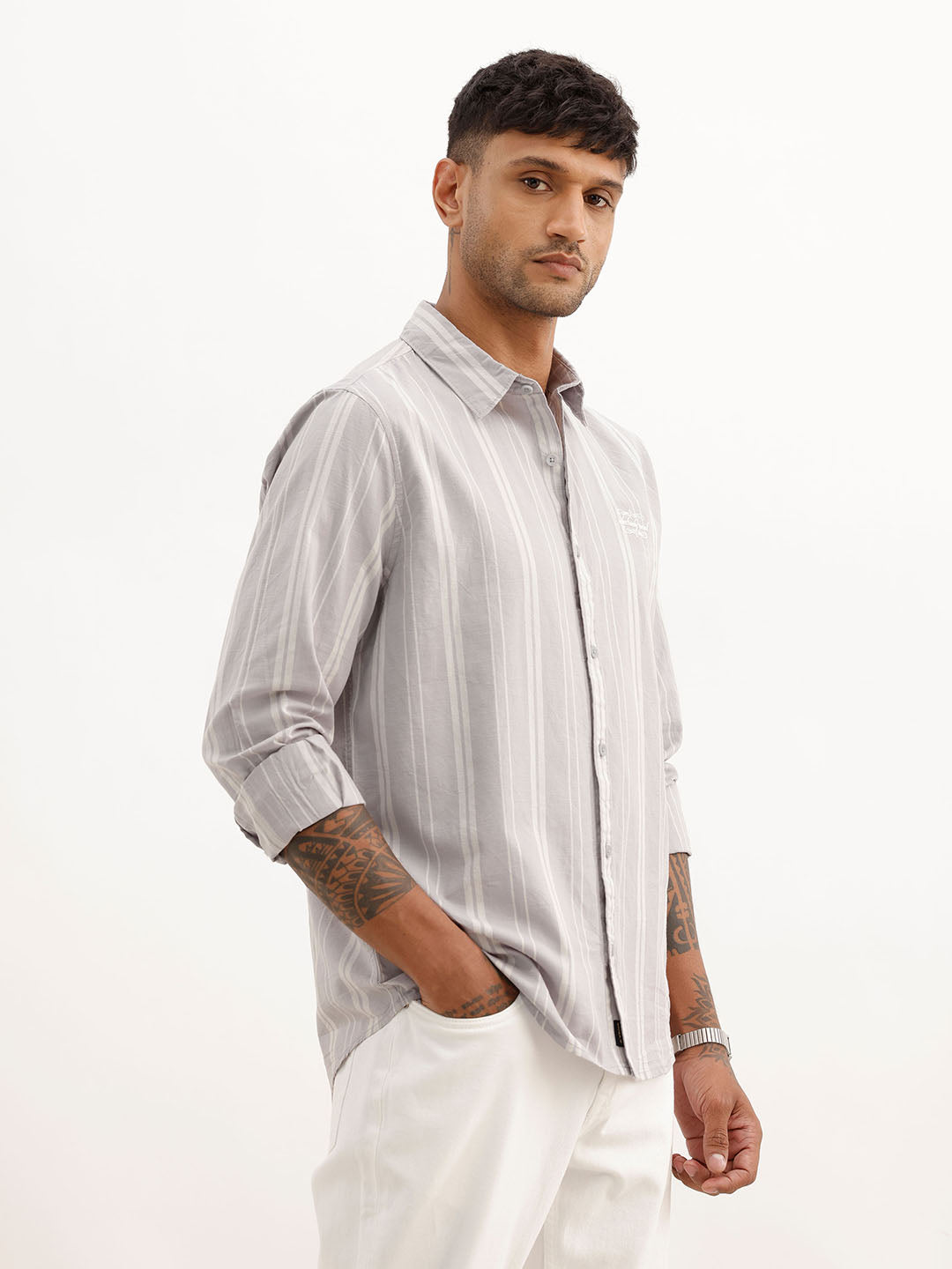 Slim Fit Striped Embroidered Detail Shirt | Grey