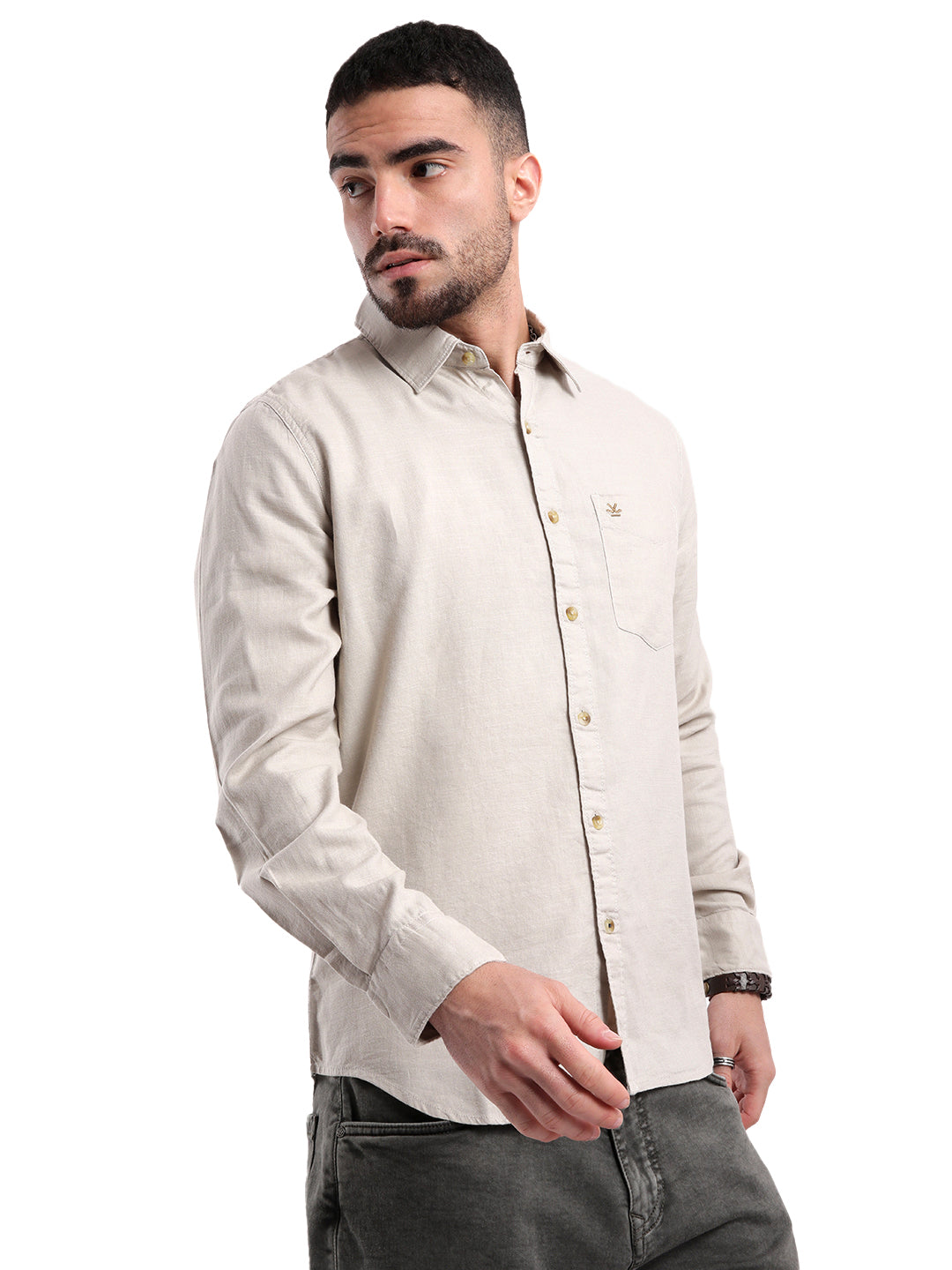 Solid Off White Slim Fit Casual Shirt