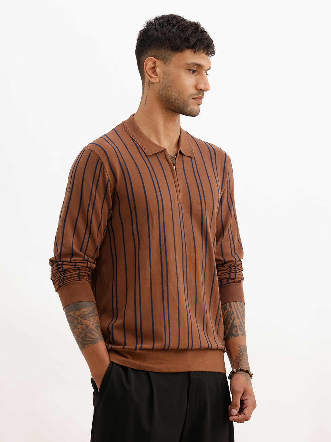 Slim Fit Flatknit Full Sleeve Polo T-Shirt | Brown | WPT02FSSL1257S