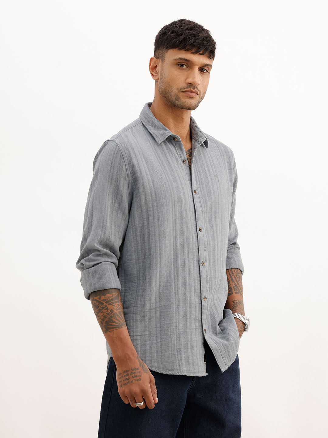 Slim Fit Textured Striped Full Sleeve Shirt | Grey