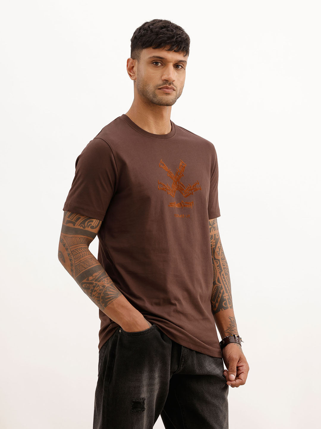 Slim Fit Flock Printed T-Shirt | Brown