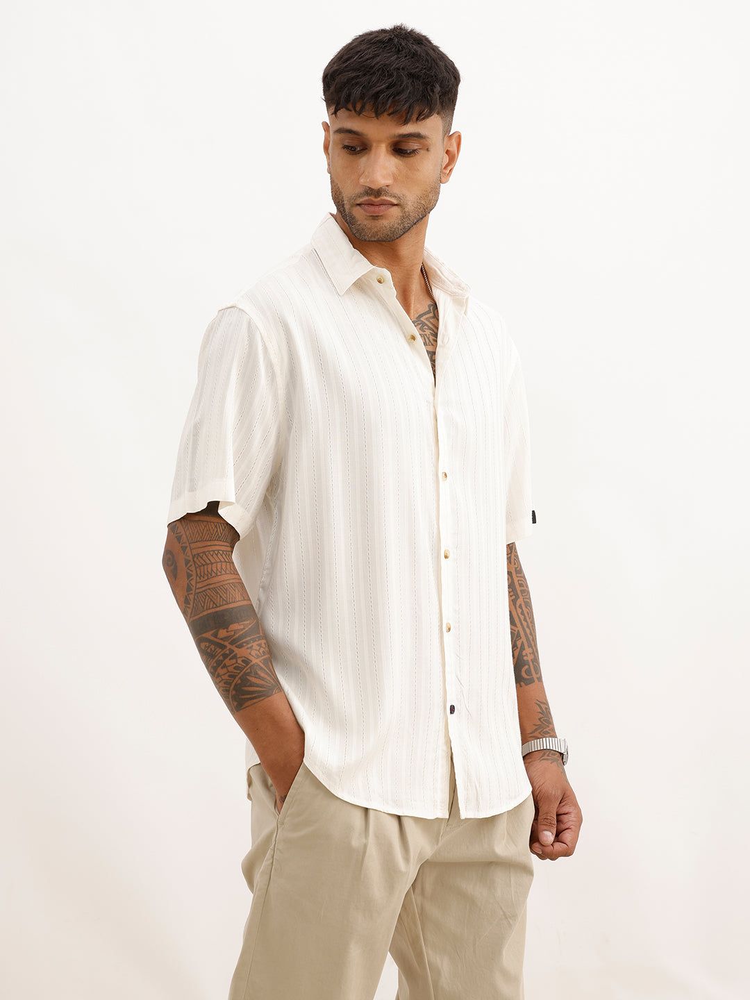 Textured Comfort Fit Half Sleeve Shirt | Off White