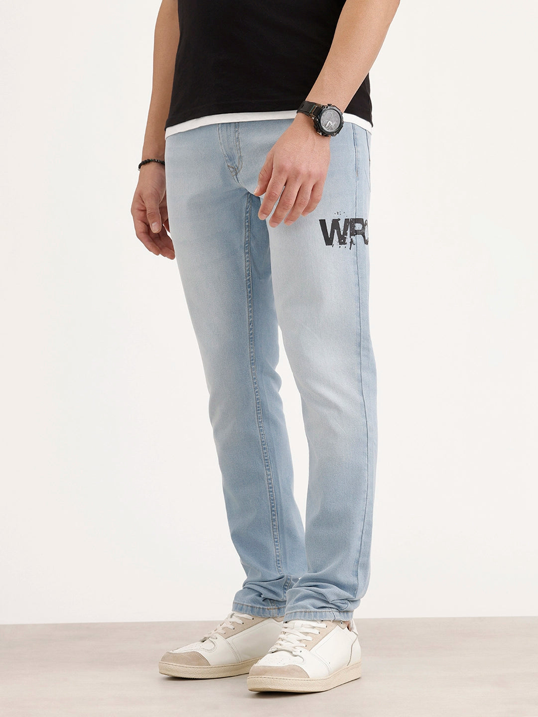 Slim Fit Placement Printed Denim Jeans | Light Blue