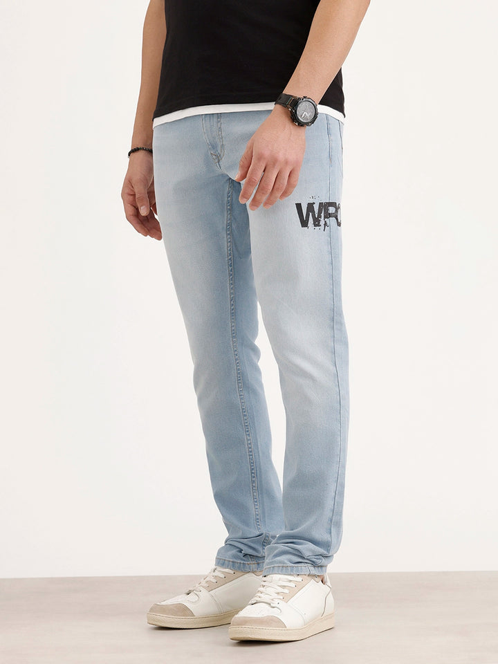 Slim Fit Placement Printed Denim Jeans | Light Blue