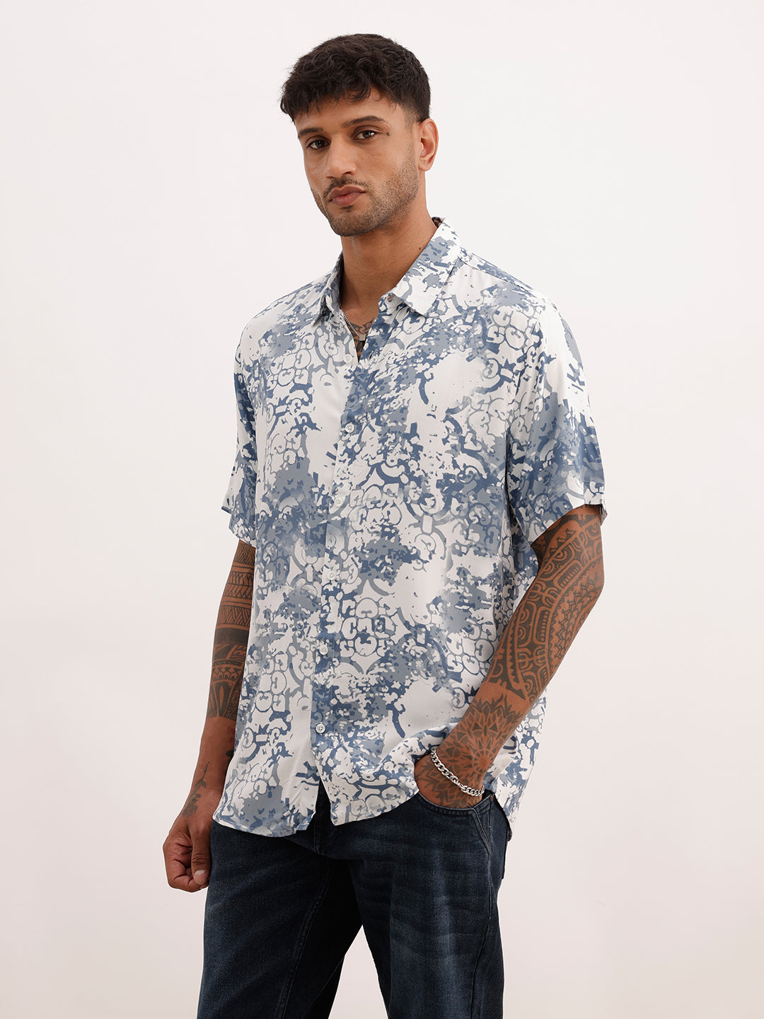 Slim Fit AOP Half Sleeve Shirt | White | WSH02HSSL0165S