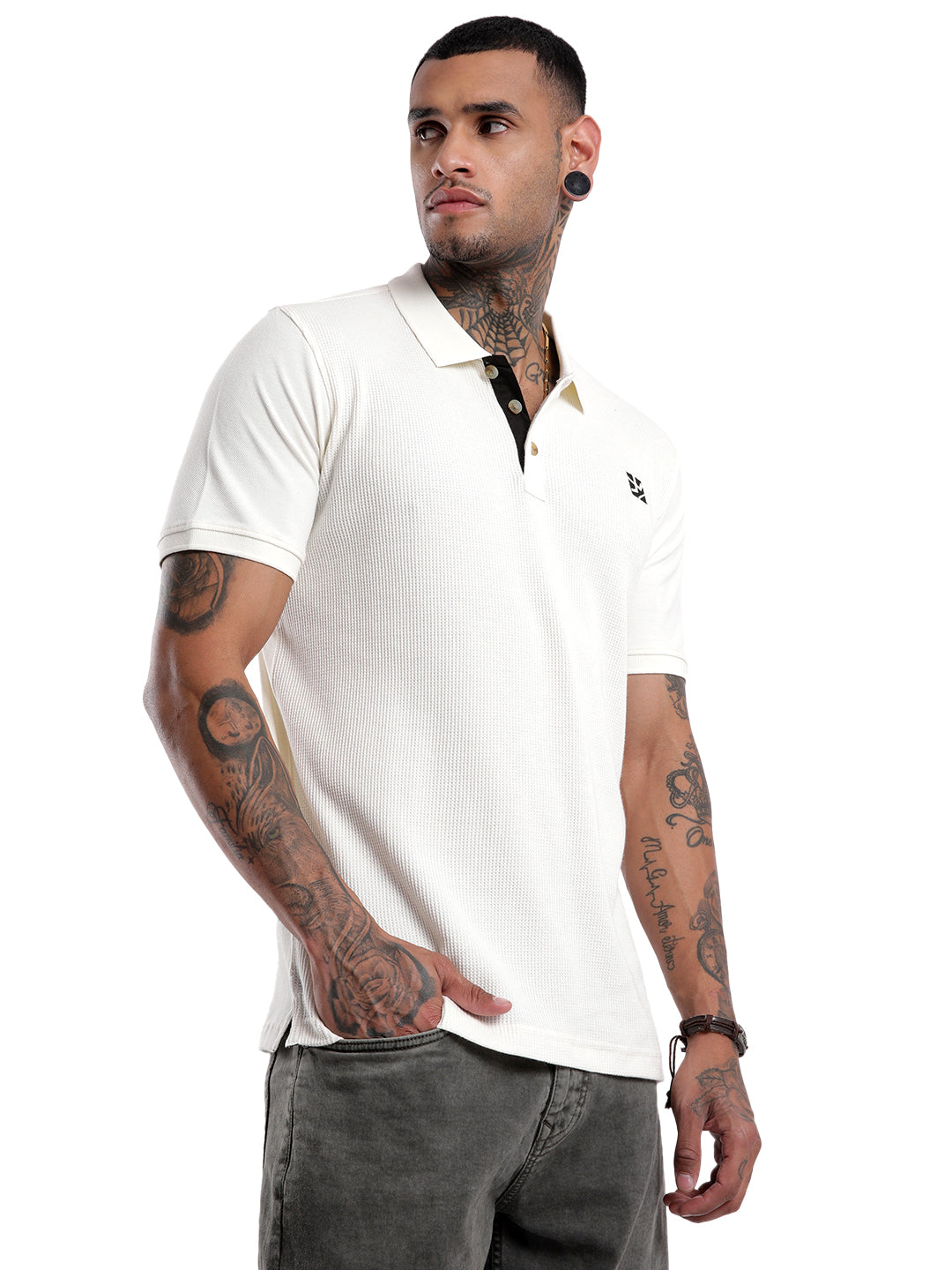 Solid White Waffle Knitted Polo T-Shirt