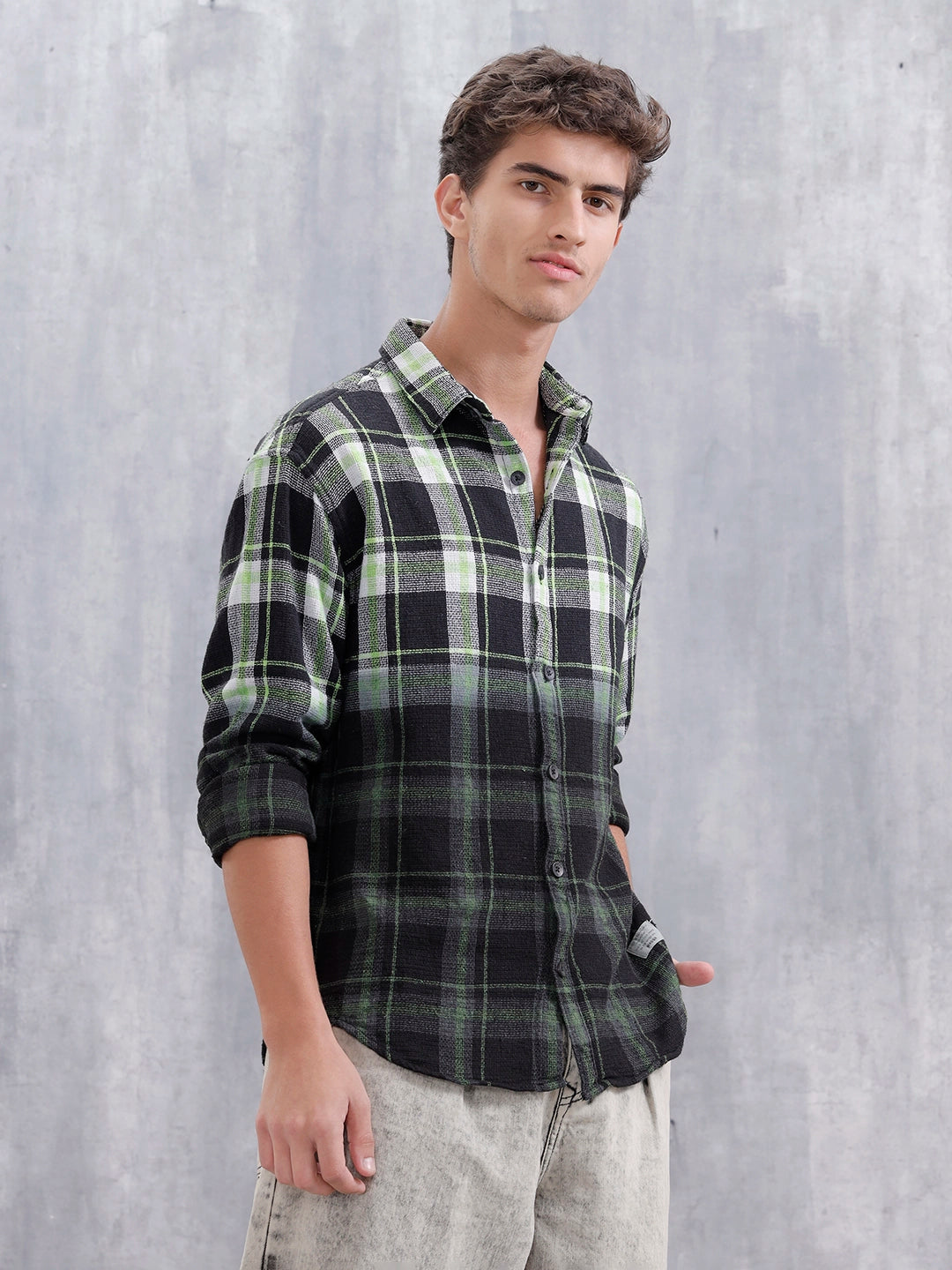 Men Checkered Pattern Oversized Fit Shirt | Black