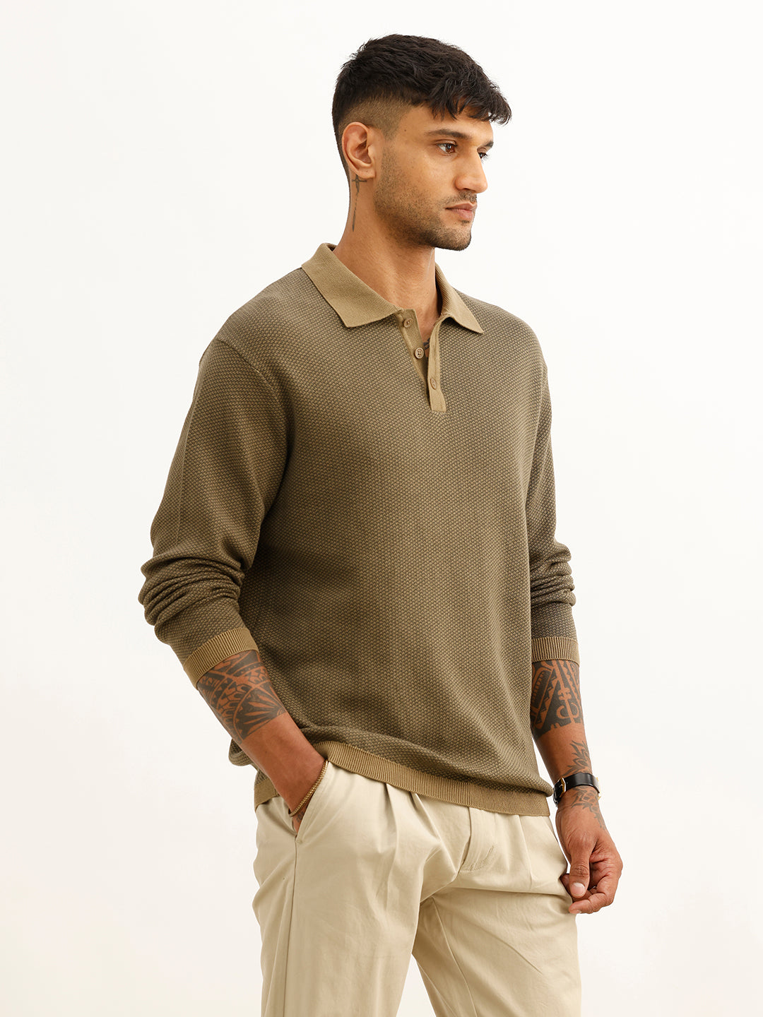 Classic Contrast Collar Knitted T-Shirt | Olive