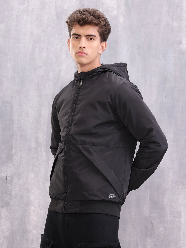 Casual Street Look Black Hooded Bomber Jacket For Men | Black