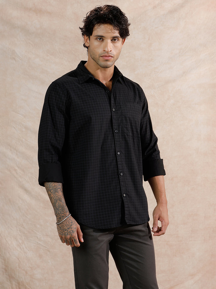 Micro Printed Checked Regular Fit Shirt | Black